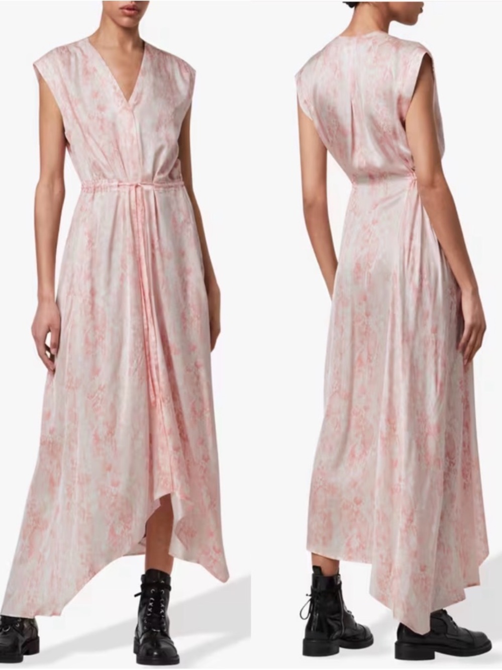 AllSaints Tate Masala Dress Snake Asymmetric Hem Satin Summer Pink White US 8
